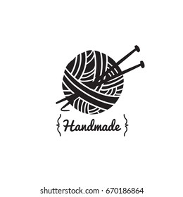 Vector sign ball of yarn with knitting tools. Retro logo for local sewing shop, knit club, handmade artist or knitwear company. Handmade concept logo.