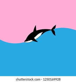 Vector sign big silhouette Killer Whale on blue background for design.