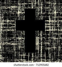 Vector sign of black cross on a dark scratched background in grunge style