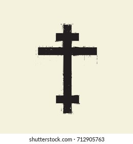 Vector sign of black cross with splashes and drips on an abstract background in grunge style