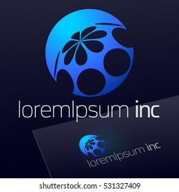 Vector sign with blue flower. Logotype for Business, Technology, Corporation.