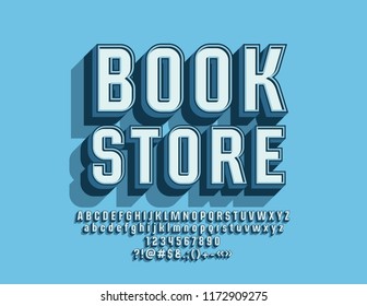 Tienda de libros de letreros vectores. Fuente 3D brillante. Letras, números y símbolos de alfabetos elegantes