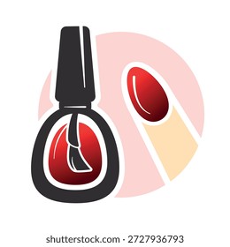 Signo del Vector de una botella de dedo rojo del esmalte de uñas con la manicura aislada en el fondo blanco