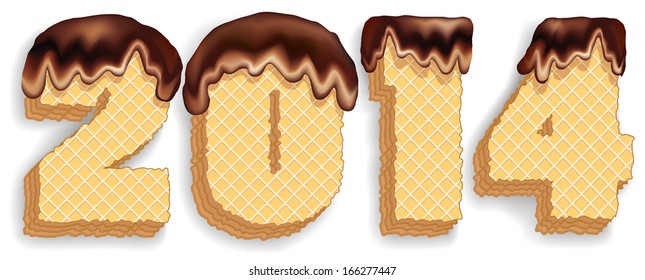 Vector sign for the celebration of the new two thousand fourteenth year consisting of stacked layers of wafers with chocolate cream flowing down from the top  isolated on white background 