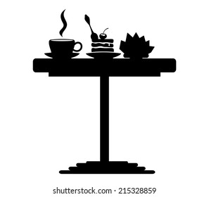 Vector sign. Coffee cup and cake on the table.