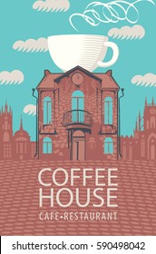 Vector sign of coffee house with up on the roof in retro style