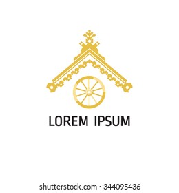 Vector sign for the company. Elements of folk architecture, wagon wheel, an element of Russian log hut.