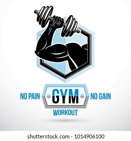 Vector sign composed with muscular sportsman arm holding disc weight dumbbell. No pain no gain lettering. Weightlifting club conceptual emblem