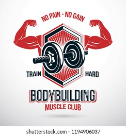 Vector sign composed with muscular sportsman arms and disc weight dumbbell. No pain no gain lettering. Heavy load power lifting championship emblem