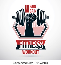 Vector sign composed with muscular sportsman arm holding disc weight dumbbell. No pain no gain lettering. Fitness workout conceptual emblem