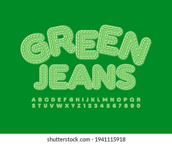 El concepto de vectores es Green Jeans. Fuente de tela brillante. Denim conjunto de letras y números de alfabeto