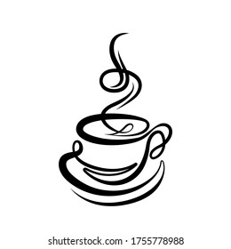 Vector sign continuous line cup coffee break, cup with ornate simplified line. Vector illustration isolated on white background.