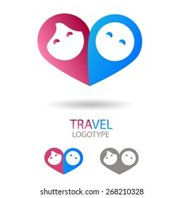 Vector sign for a couple of travelers (tourists). Blue and pink map markers in heart form on a white background. Caption: Travel logotype
