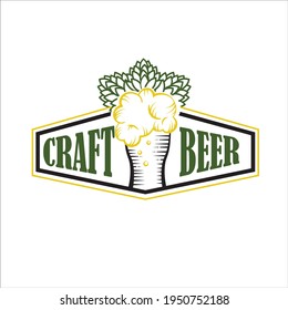 Vector sign craft beer with a pint of beer and hops