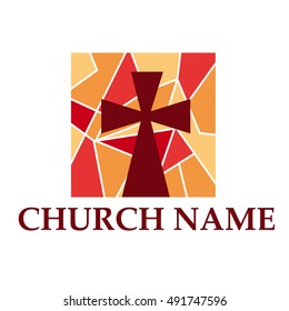 Vector sign cross on a stained glass window with mosaic