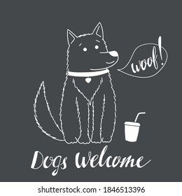 Señal vectorial, lindo cachorro lineal, con texto Dogs bienvenido. Concepto de cafeterías o mascotas aisladas en un fondo gris