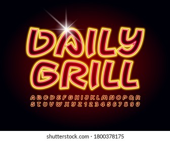 Vector sign Daily Grill for Cafe, Menu, Restaurant. Handwritten Neon Font. Bright Alphabet Letters and Numbers