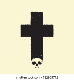 Vector sign of dark cross with a skull and spray droplets on a light background in grunge style