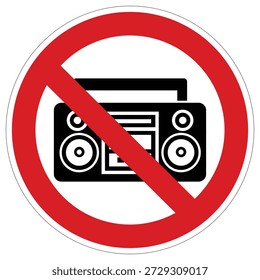 Ein Vektorzeichen, das eine Boombox darstellt und ein Verbot von lautem Lärm oder Musik durchsetzt. Ideal für ruhige Zonen oder öffentliche Räume.