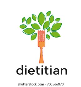 Vector sign diet, dietitian. Tree wit leaves and fork