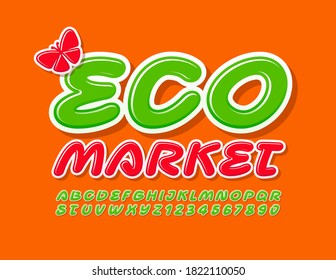 Vector sign Eco Market with bright Butterfly. Modern creative Font. Green Alphabet Letters and Numbers set