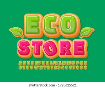 Vector sign Eco Store with decorative Leaf. Green Donut Font. Sweet Alphabet Letters and Numbers