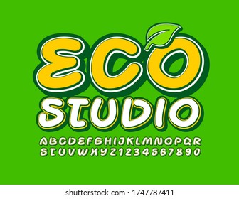 Vector sign Eco Studio with Decorative Leaf. Creative retro Font. Handwritten Alphabet Letters and Numbers