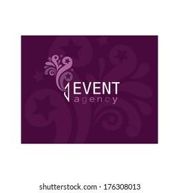 Vector sign for event agency. Firework flies out of the shop window. 