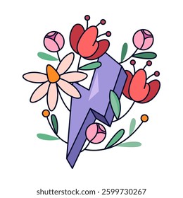 Vector sign with flowers and lightning or energy symbol. Floral woman gift or romantic bouquet blossom. Feminine emblem or nature cartoon clipart. Peace or harmony natural banner. Women, female.