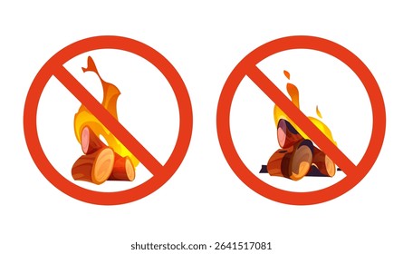 Vector sign "Forest fire prohibited" in cartoon style. Bonfires in the forest are prohibited. Bonfires are prohibited. Firewood. Danger. Isolated on white background.