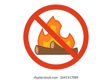Vector sign "Forest fire prohibited" in cartoon style. Bonfires in the forest are prohibited. Bonfires are prohibited. Firewood. Danger. Isolated on white background.
