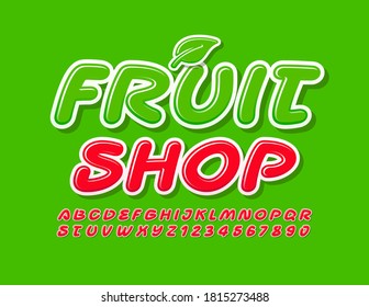 Vector firma Fruit Shop con hoja verde. Fuente roja creativa. Letras y números alfabetos modernos