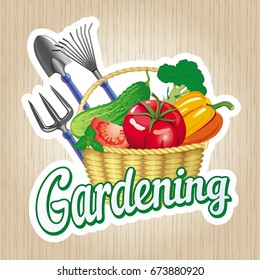 Vector sign Gardening with gardening tools and a basket of vegetables