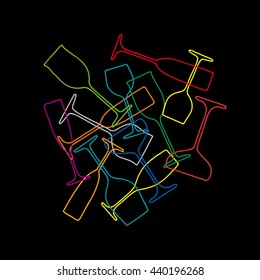 Vector sign glasses wine, in linear style on black background