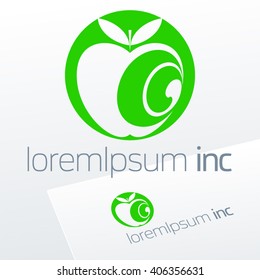 Vector sign with green apple. Logotype for Business, Ecology and Cosmetics.