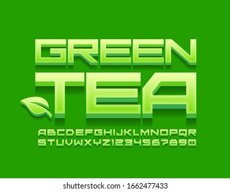Vector sign Green Tea with decorative leaf. Creative glossy Font. 3D modern Alphabet Letters and Numbers