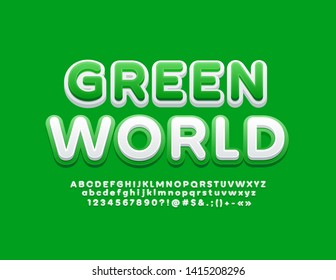 Signo vectorial Mundo Verde con alfabeto brillante. Conjunto de letras, números y símbolos
