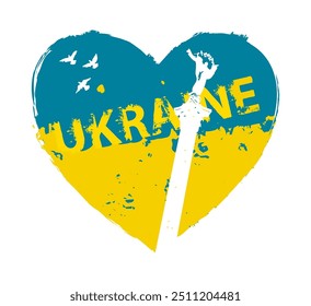 Vector sign of heart made of drops and splashes with yellow blue flag of ukraine and flying doves and monument on the Maidan Nezalezhnosti in Kyiv. Sign of love and peace