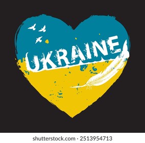 Vector sign of heart made of drops and splashes with yellow blue flag of ukraine and flying feather doves. Sign of love and peace