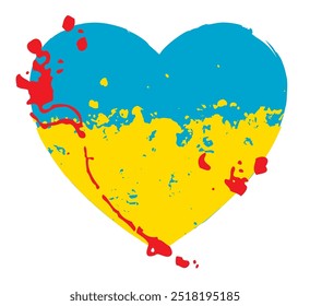 Signo de Vector del corazón hecho de gotas y salpicaduras con la bandera azul amarilla de Ucrania con mancha y salpicaduras de sangre. Signo de amor y paz