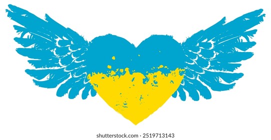 Vector sign of heart made of drops and splashes with yellow blue flag of ukraine with wings bird. Sign of love and peace