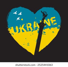 Signo de Vector del corazón hecho de gotas y salpicaduras con la bandera azul amarilla de Ucrania y palomas voladoras y monumento en el Maidan Nezalezhnosti en Kiev. Signo de amor y paz