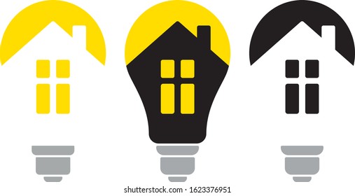 Vector sign of home communications. Set of images of the filament lamp and the house inside on a white background. Logo for light bulb manufacturers. Logo for smart home.
