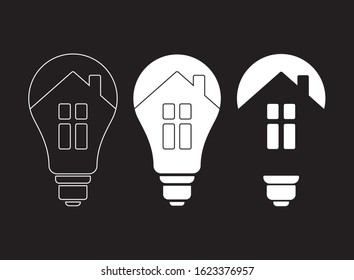 Vector sign of home communications. Set of images of the filament lamp and the house inside on a black background. Logo for light bulb manufacturers. Logo for smart home.