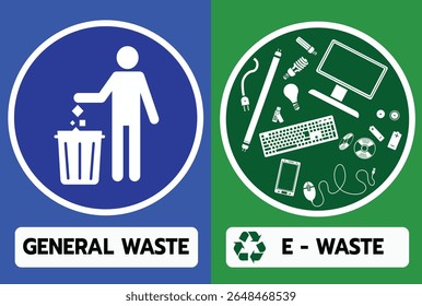 Vector sign illustrating separation of general waste and electronic waste with simple icons for environmental awareness and proper disposal.