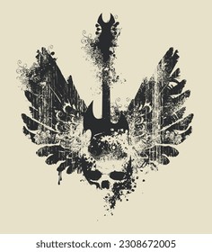 Vector sign illustration with an electric guitar, and human skull and wings with splashes and curls in grunge style