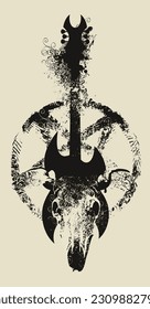 Vector sign illustration with an electric guitar and the skull of a cow or bull with horns with splashes and curls in grunge style. inverted pentagram