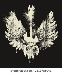 Vector sign illustration with an electric guitar, and the skull of a cow or bull with horns and wings with splashes and curls in grunge style