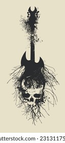 Vector sign illustration with an electric guitar and human skull and tree roots with splashes and curls in grunge style