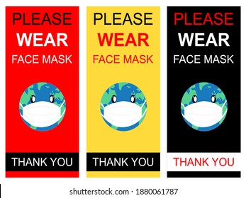 Vector - Sign information entry three color. Text Please "Wear Face Mask" and cartoon world wear white mask on red, yellow and black background. Protection, Healthcare concept.